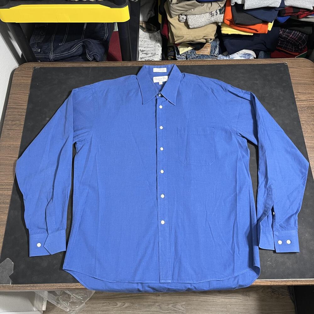 Christian Dior Vintage Dress Shirt Mens 16.5 36/37 Blue Chemise Single Needle